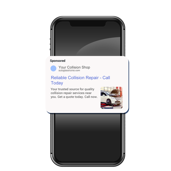 Mobile device displaying an online ad for a collision shop