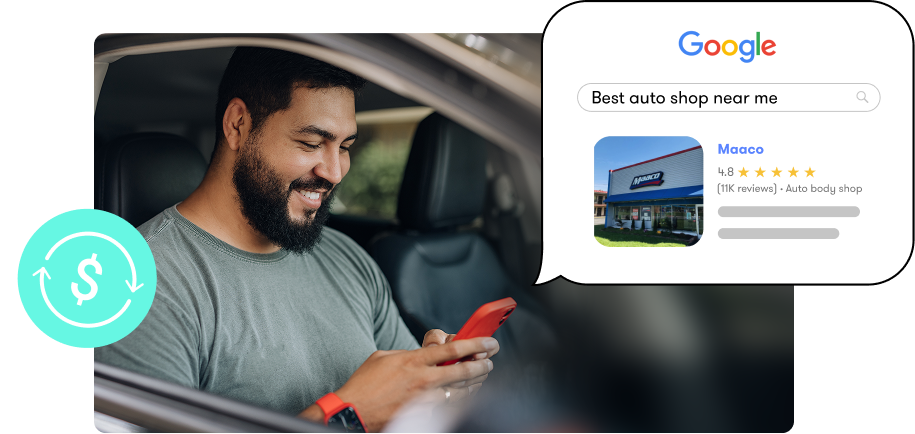 Smiling man in car typing on a mobile phone. An image of a five star review next to him