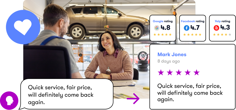Happy woman customer at a collision shop surrounded by boxes containing positive online reviews