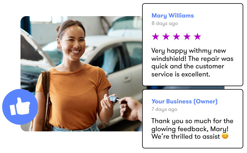 Image of a smiling female collision shop customer next to an example of a five star online review