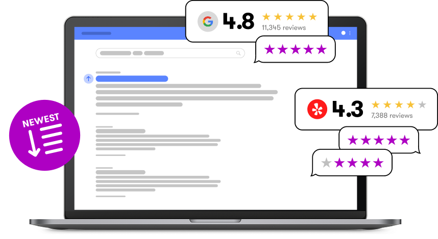 Illustration of a laptop surrounded by 5 star online reviews